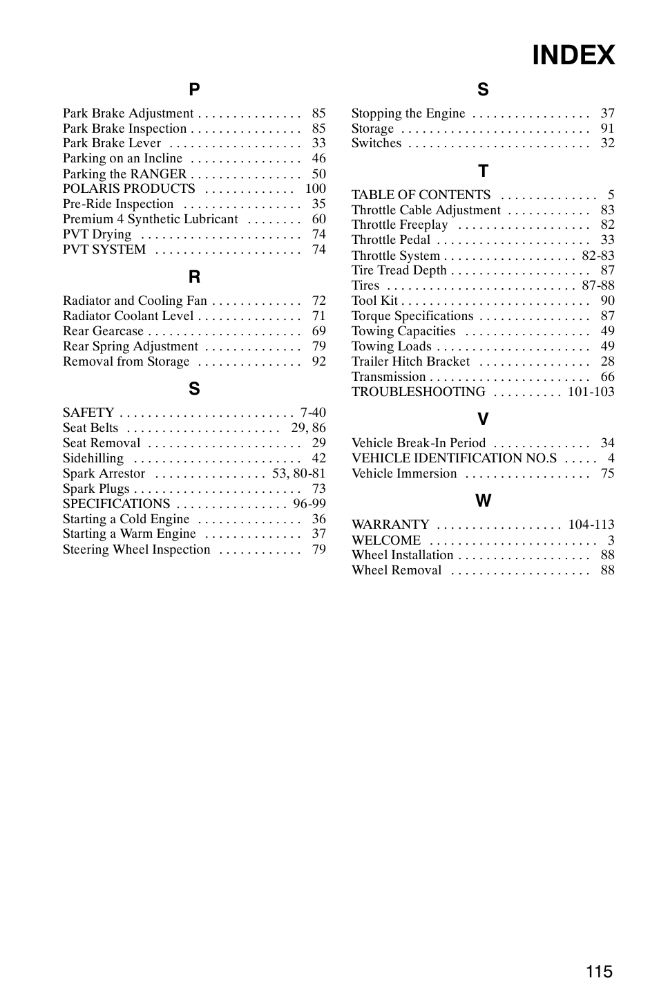 Index | Polaris Series 11 Polaris Ranger 4x4 User Manual | Page 117 / 118