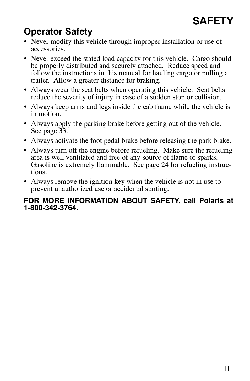 Safety, Operator safety | Polaris Series 11 Polaris Ranger 4x4 User Manual | Page 13 / 118