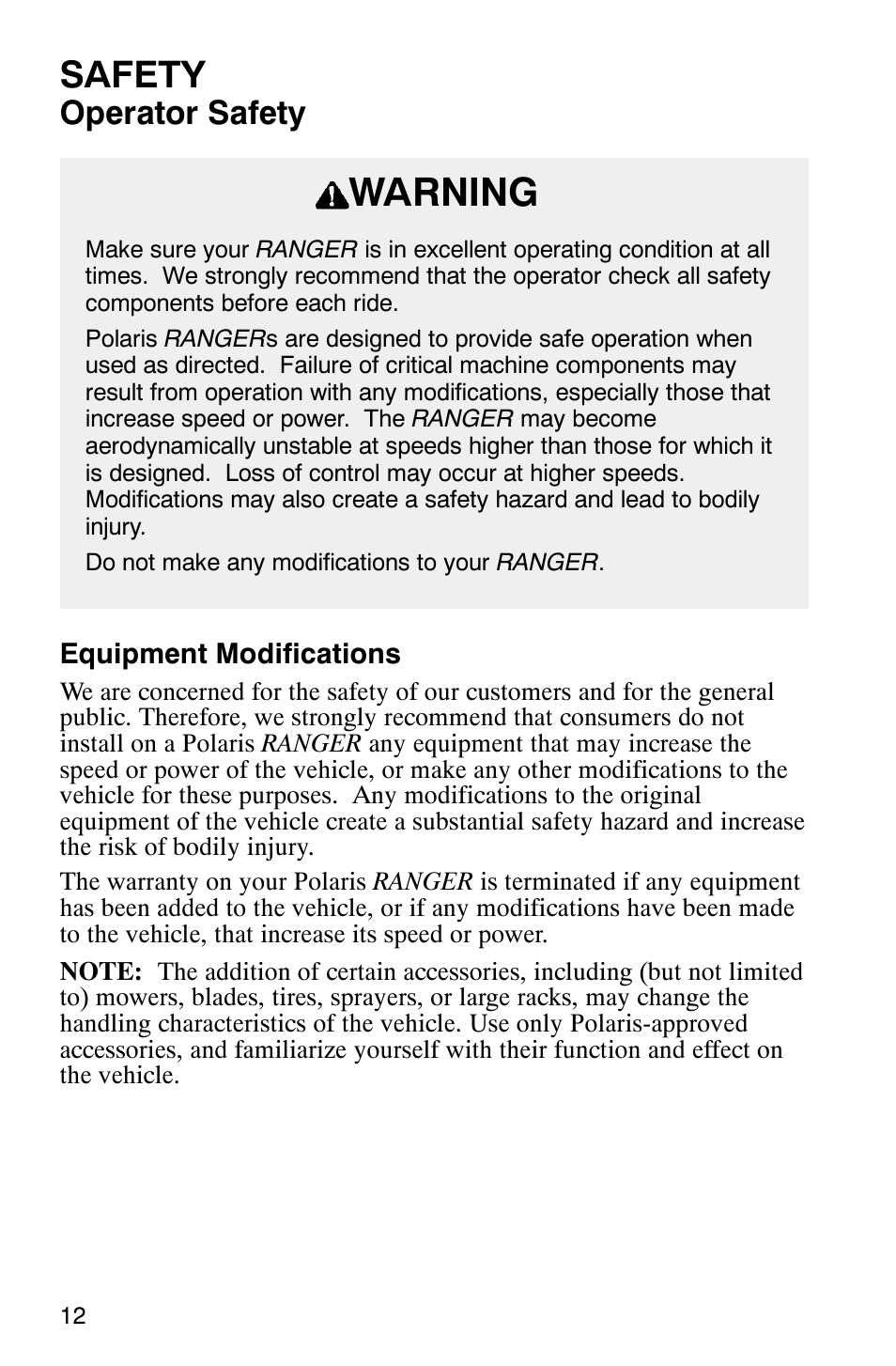 Warning, Safety, Operator safety | Polaris Series 11 Polaris Ranger 4x4 User Manual | Page 14 / 118