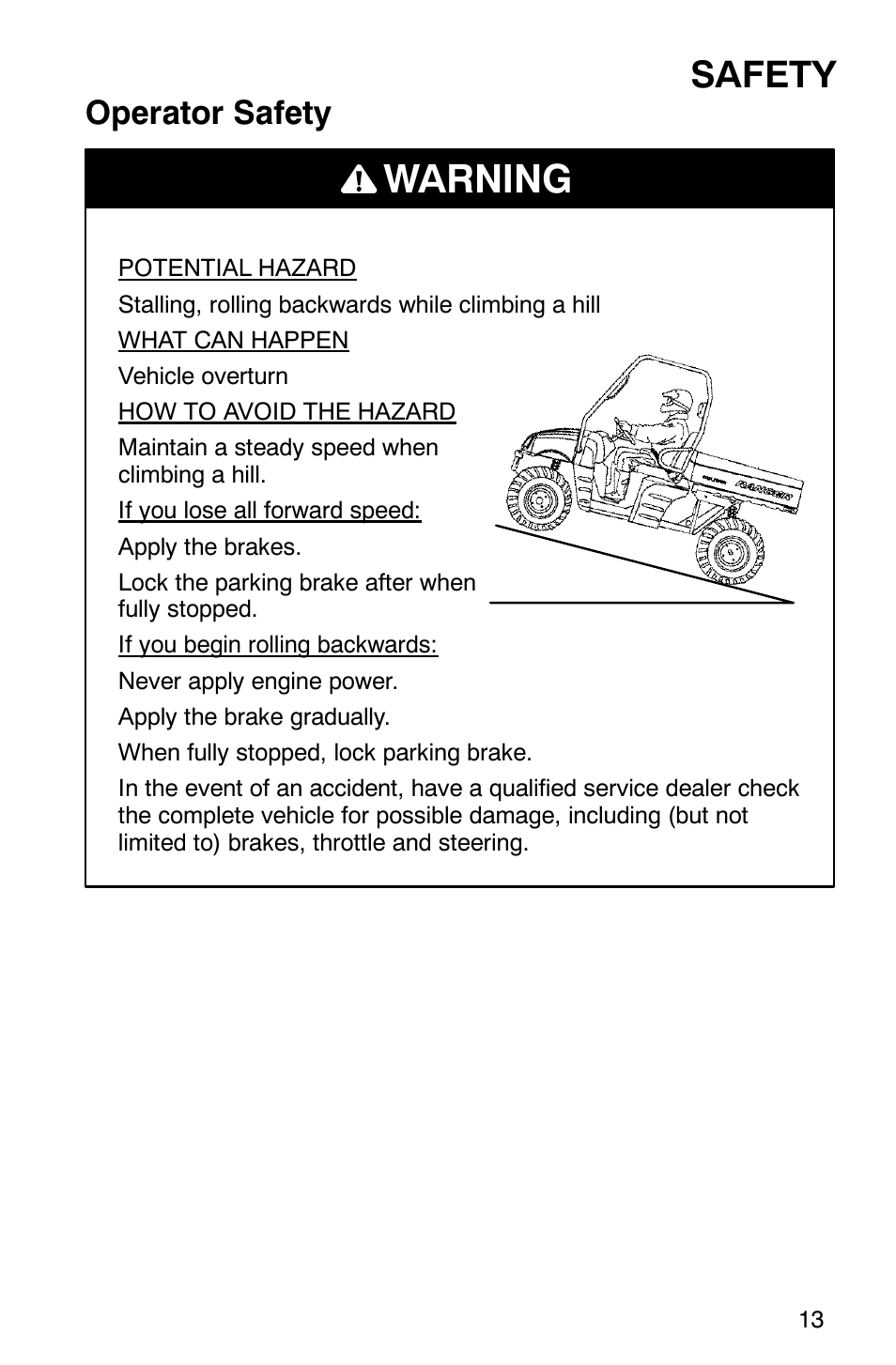 Warning, Safety, Operator safety | Polaris Series 11 Polaris Ranger 4x4 User Manual | Page 15 / 118