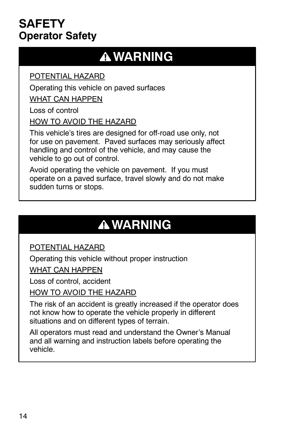 Warning, Safety, Operator safety | Polaris Series 11 Polaris Ranger 4x4 User Manual | Page 16 / 118