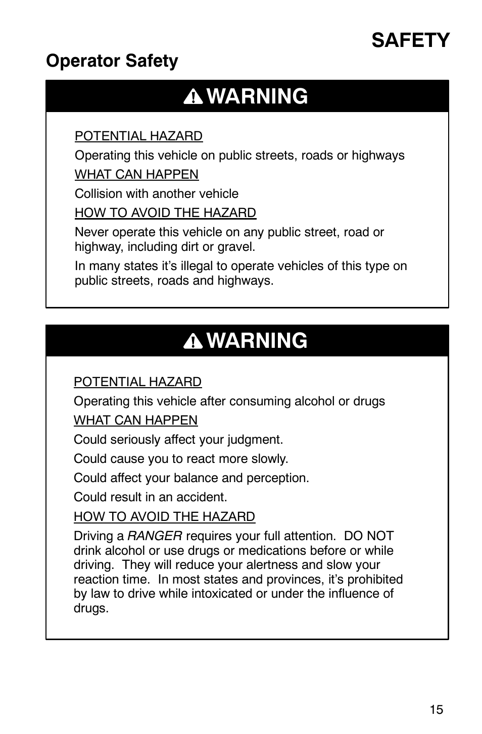 Warning, Safety, Operator safety | Polaris Series 11 Polaris Ranger 4x4 User Manual | Page 17 / 118