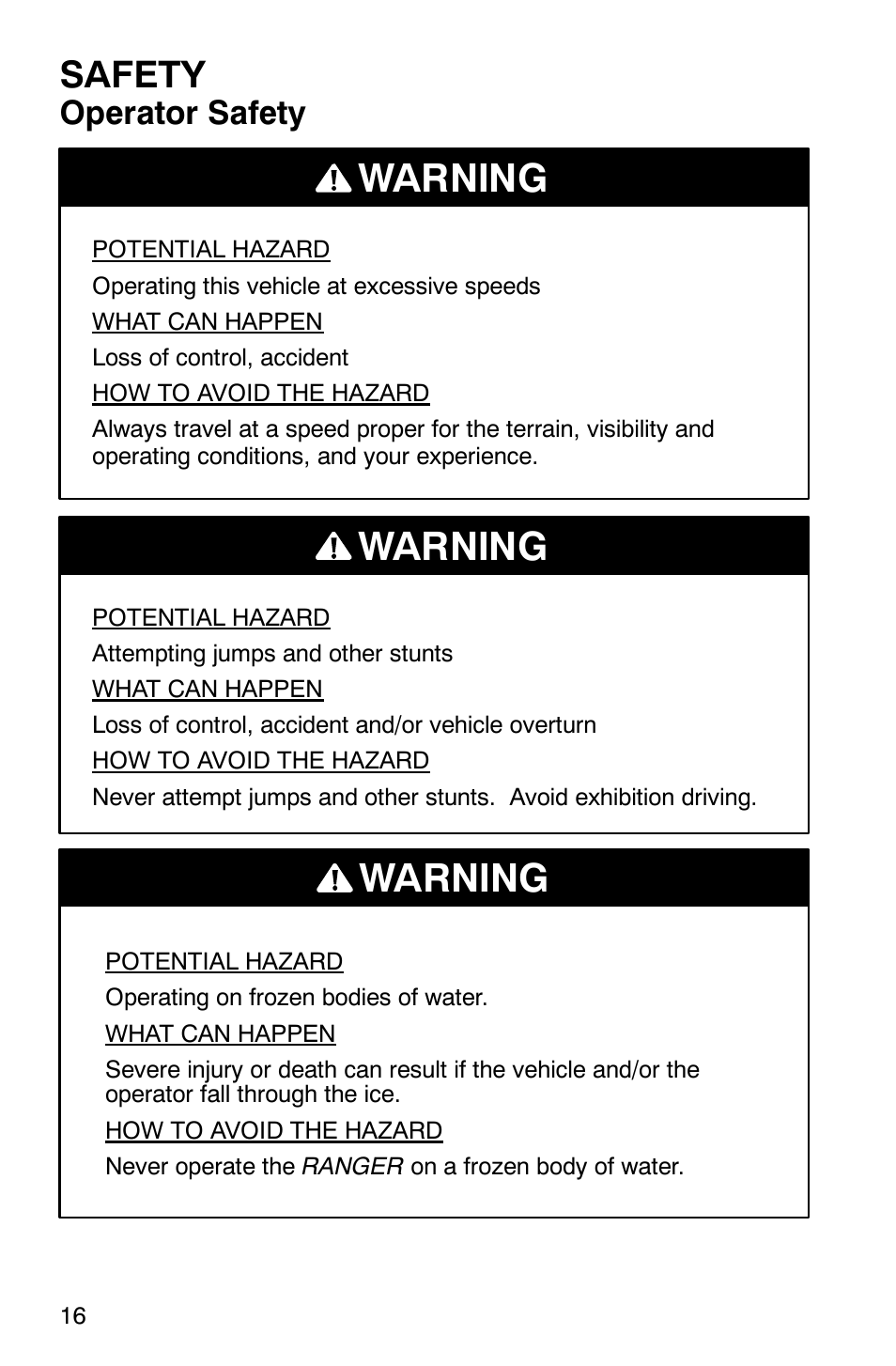 Warning, Safety, Operator safety | Polaris Series 11 Polaris Ranger 4x4 User Manual | Page 18 / 118