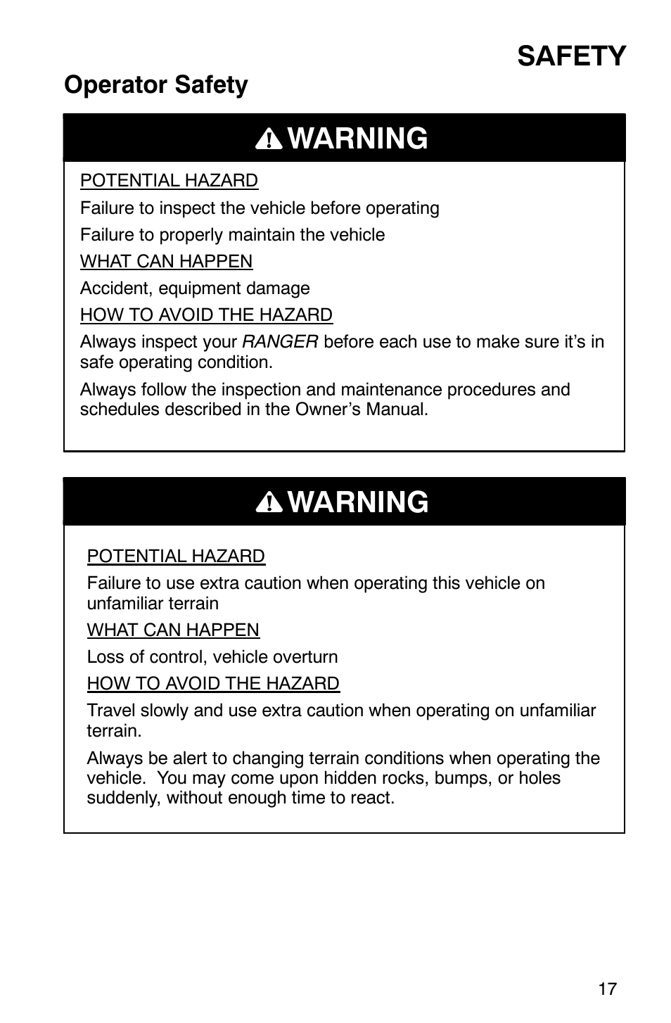 Warning, Safety, Operator safety | Polaris Series 11 Polaris Ranger 4x4 User Manual | Page 19 / 118