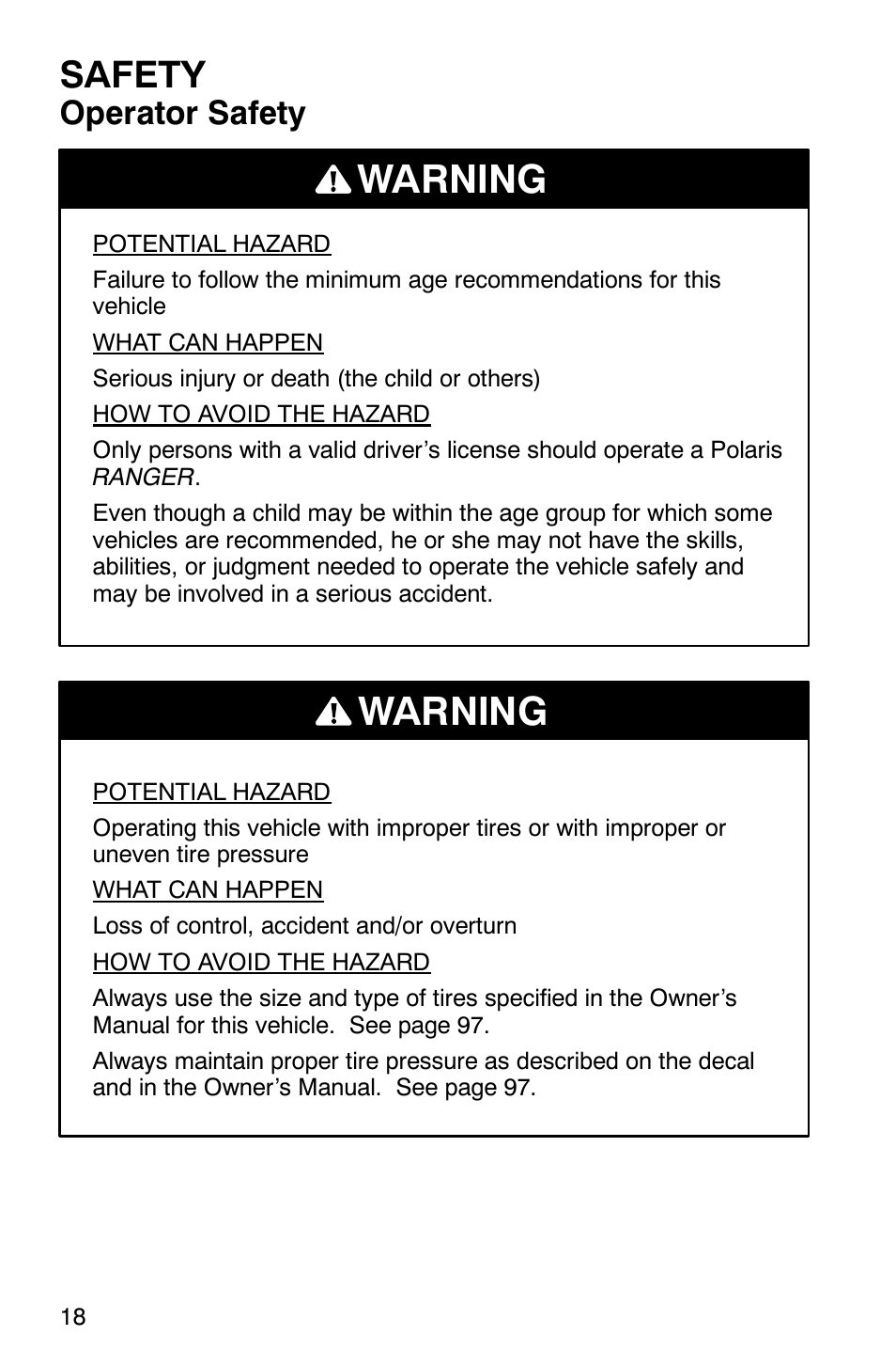 Warning, Safety, Operator safety | Polaris Series 11 Polaris Ranger 4x4 User Manual | Page 20 / 118