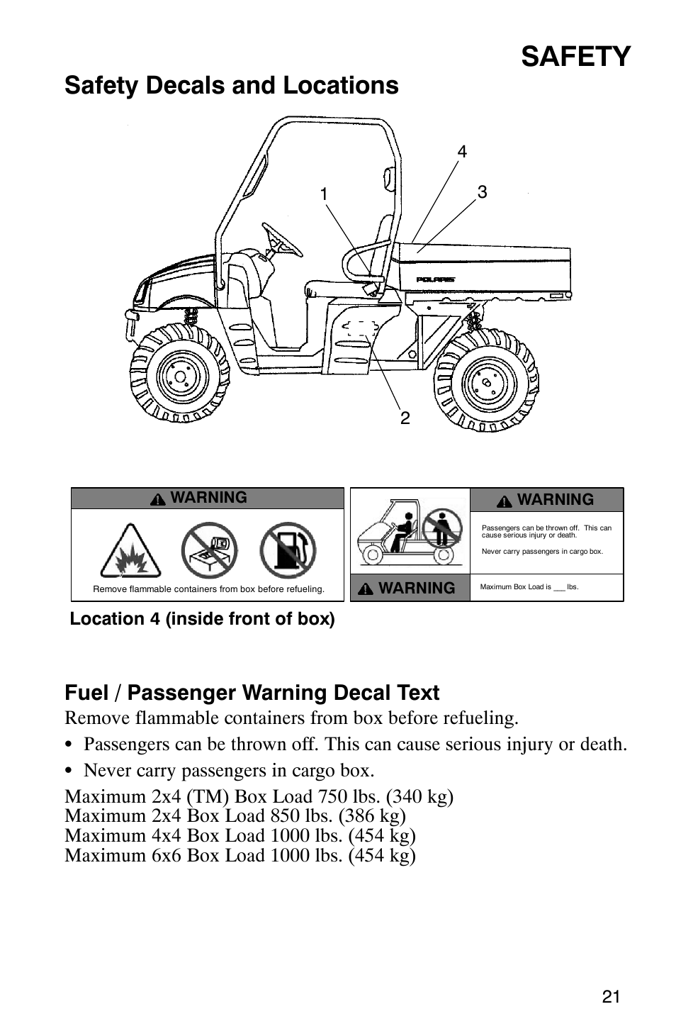 Safety, Safety decals and locations, Fuel / passenger warning decal text | Polaris Series 11 Polaris Ranger 4x4 User Manual | Page 23 / 118