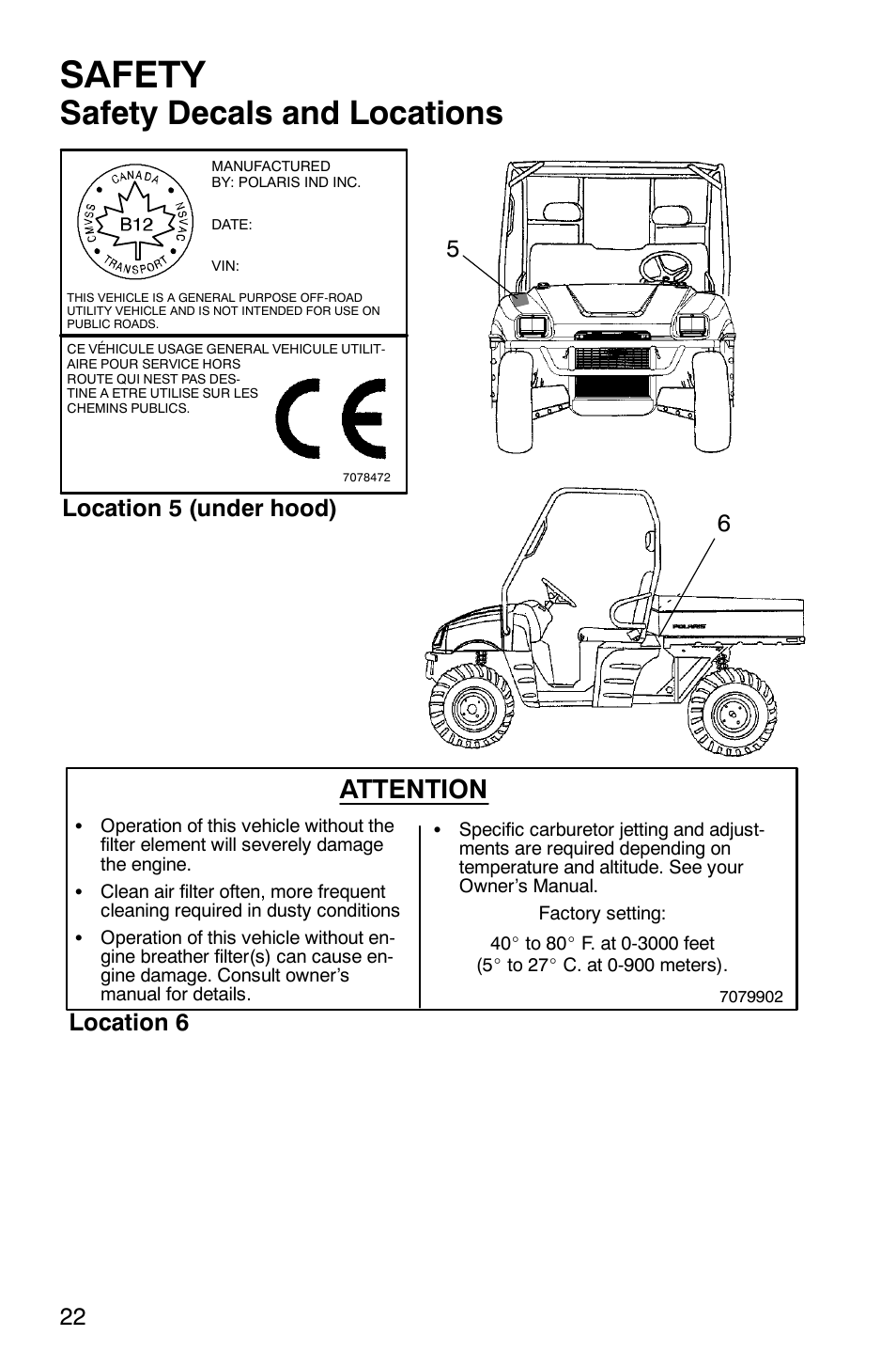 Safety, Safety decals and locations, Attention | Location 5 (under hood) 5 6, Location 6 | Polaris Series 11 Polaris Ranger 4x4 User Manual | Page 24 / 118