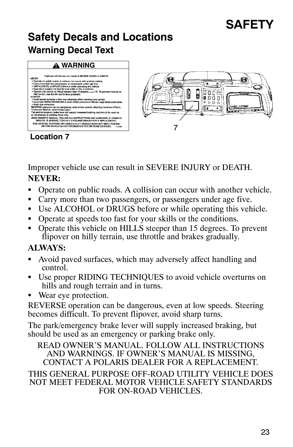 Safety, Safety decals and locations | Polaris Series 11 Polaris Ranger 4x4 User Manual | Page 25 / 118