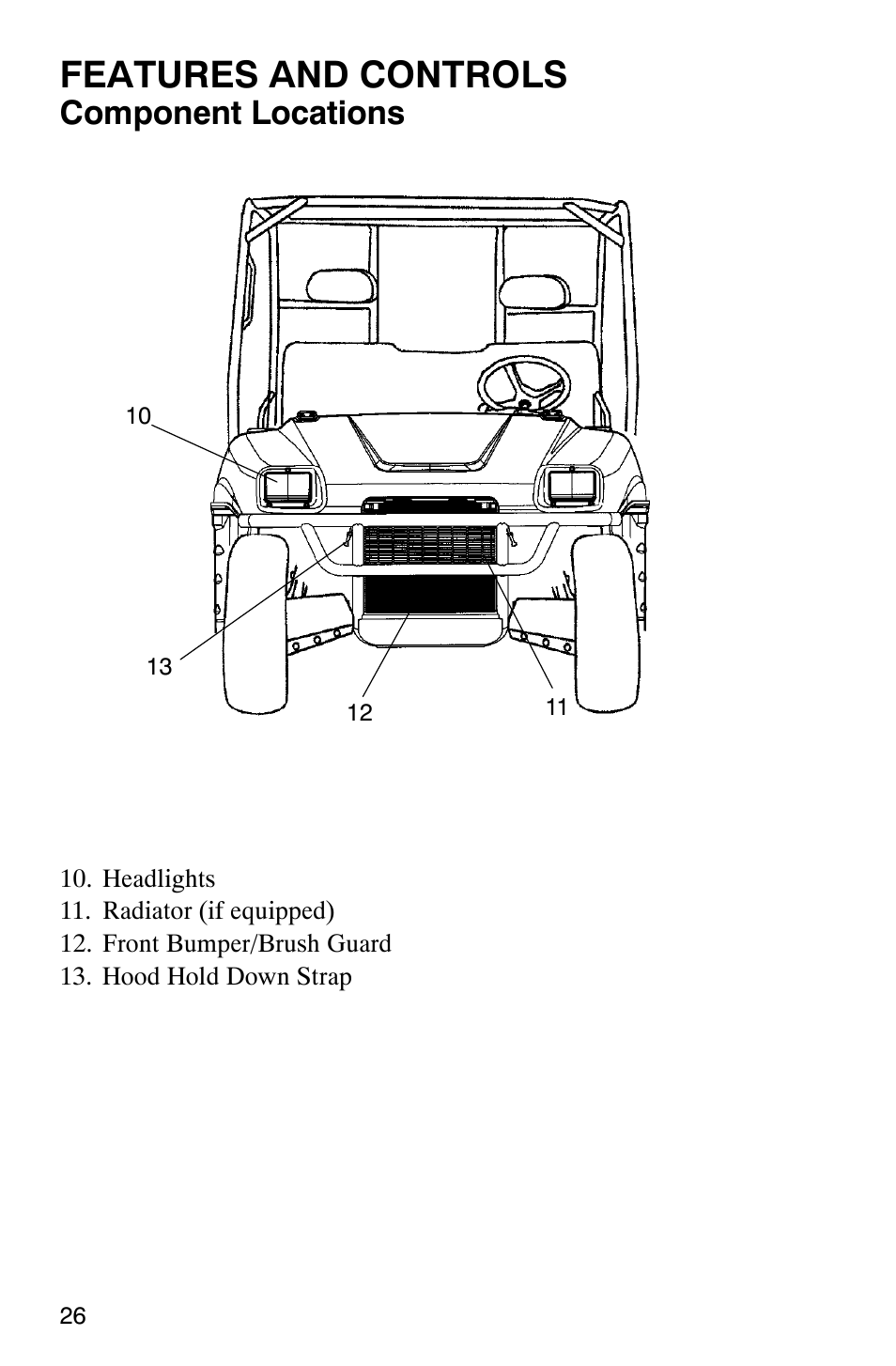 Features and controls, Component locations | Polaris Series 11 Polaris Ranger 4x4 User Manual | Page 28 / 118