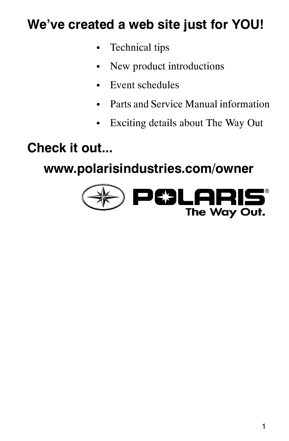 We’ve created a web site just for you | Polaris Series 11 Polaris Ranger 4x4 User Manual | Page 3 / 118