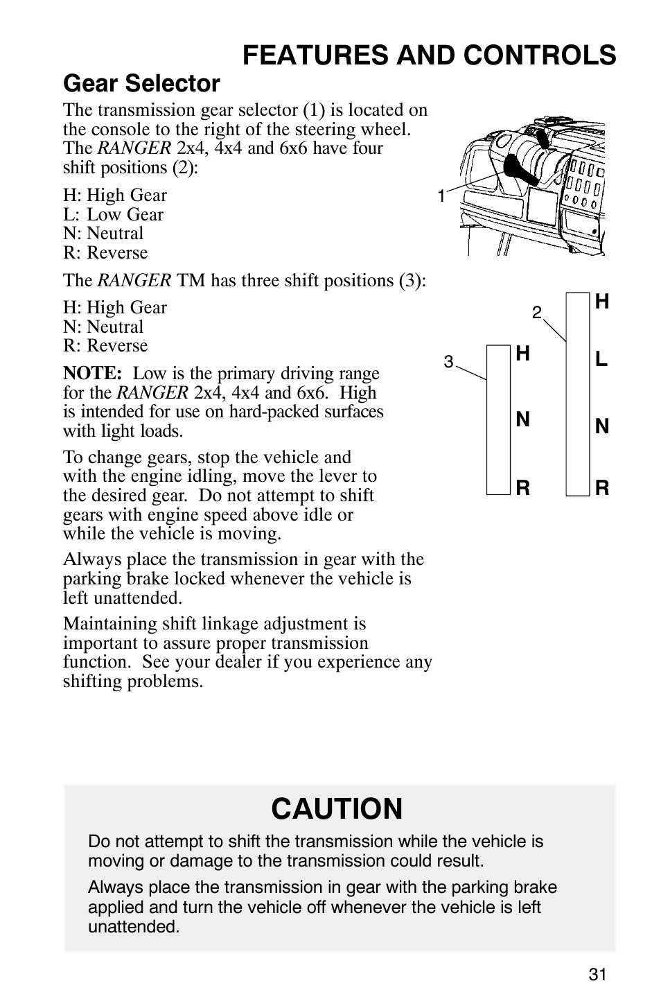 Caution, Features and controls, Gear selector | Polaris Series 11 Polaris Ranger 4x4 User Manual | Page 33 / 118