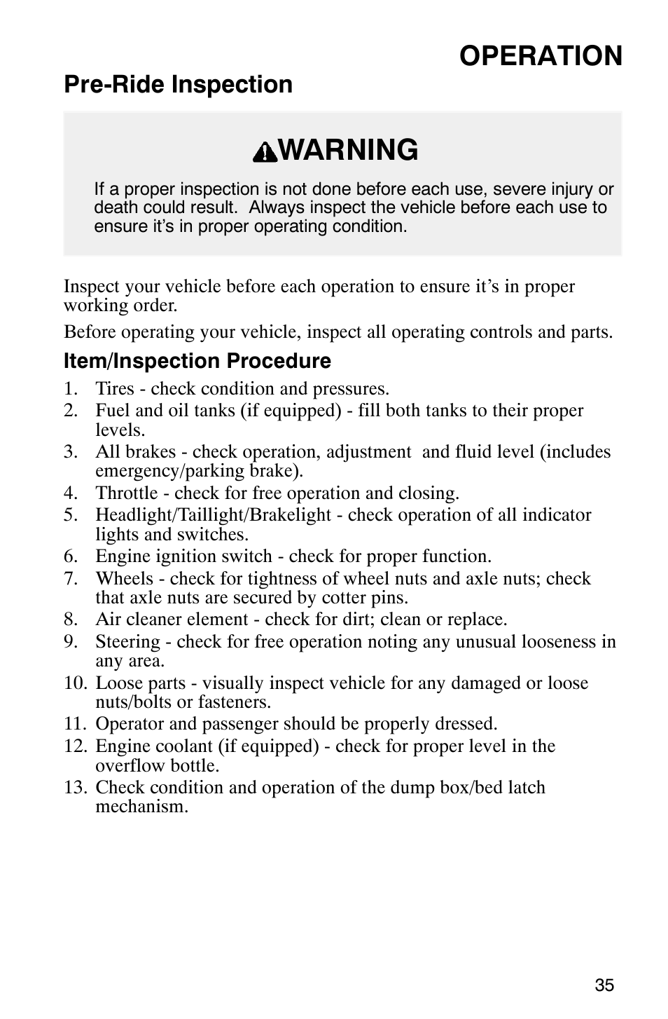 Warning, Operation, Pre-ride inspection | Polaris Series 11 Polaris Ranger 4x4 User Manual | Page 37 / 118