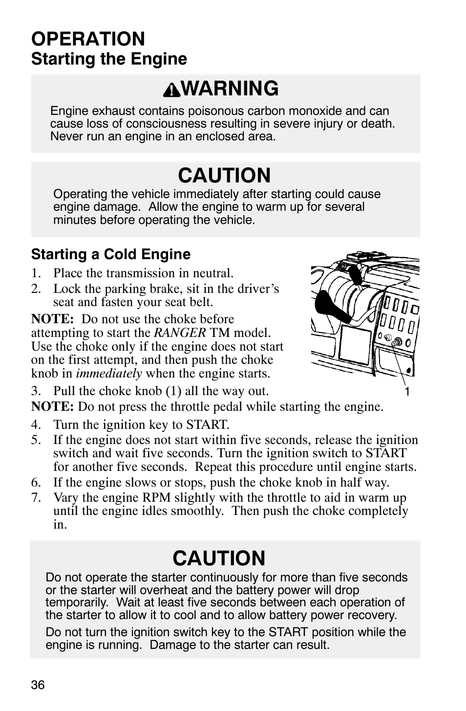 Warning, Caution, Operation | Starting the engine | Polaris Series 11 Polaris Ranger 4x4 User Manual | Page 38 / 118