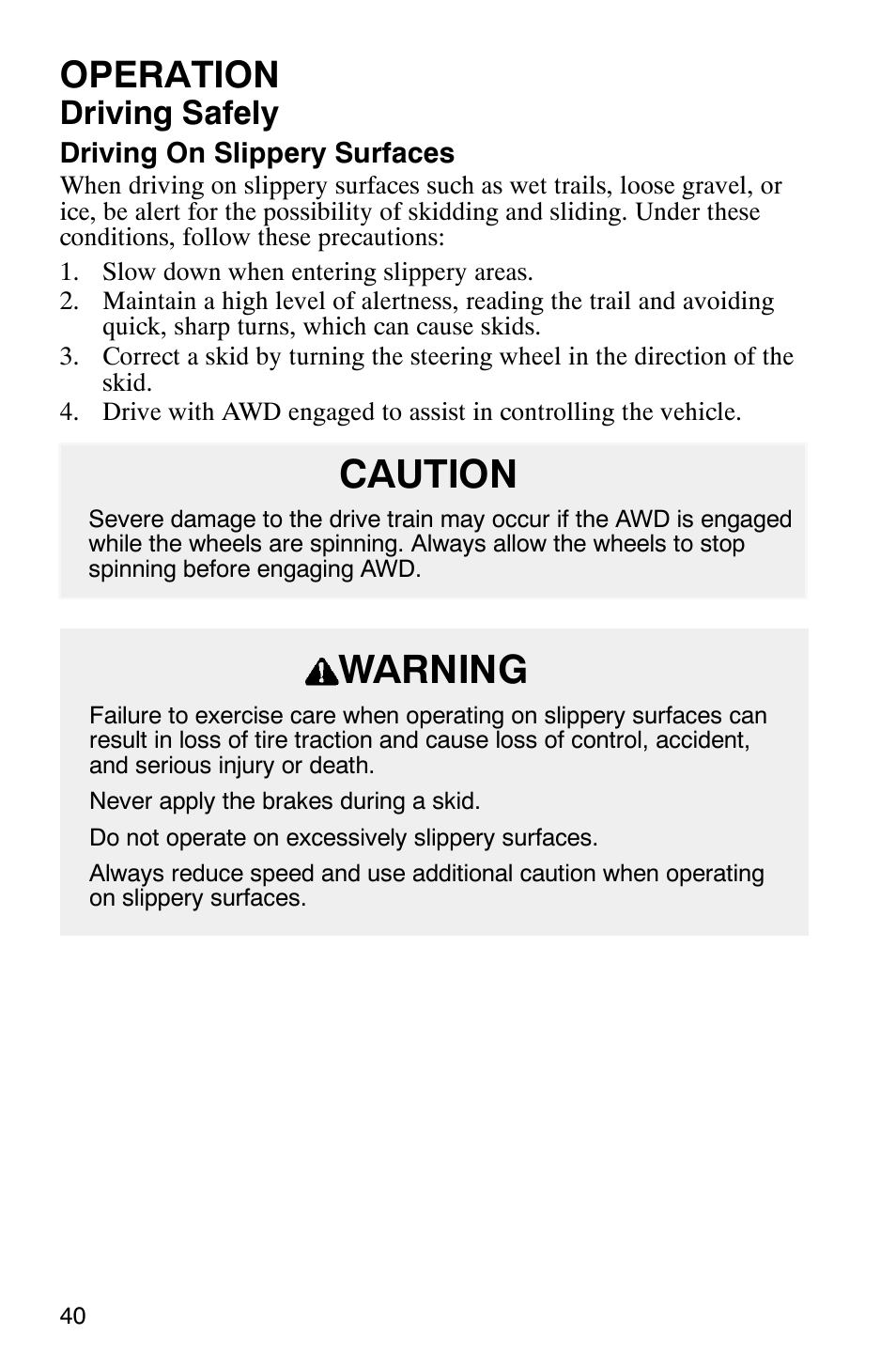 Caution warning, Operation, Driving safely | Polaris Series 11 Polaris Ranger 4x4 User Manual | Page 42 / 118