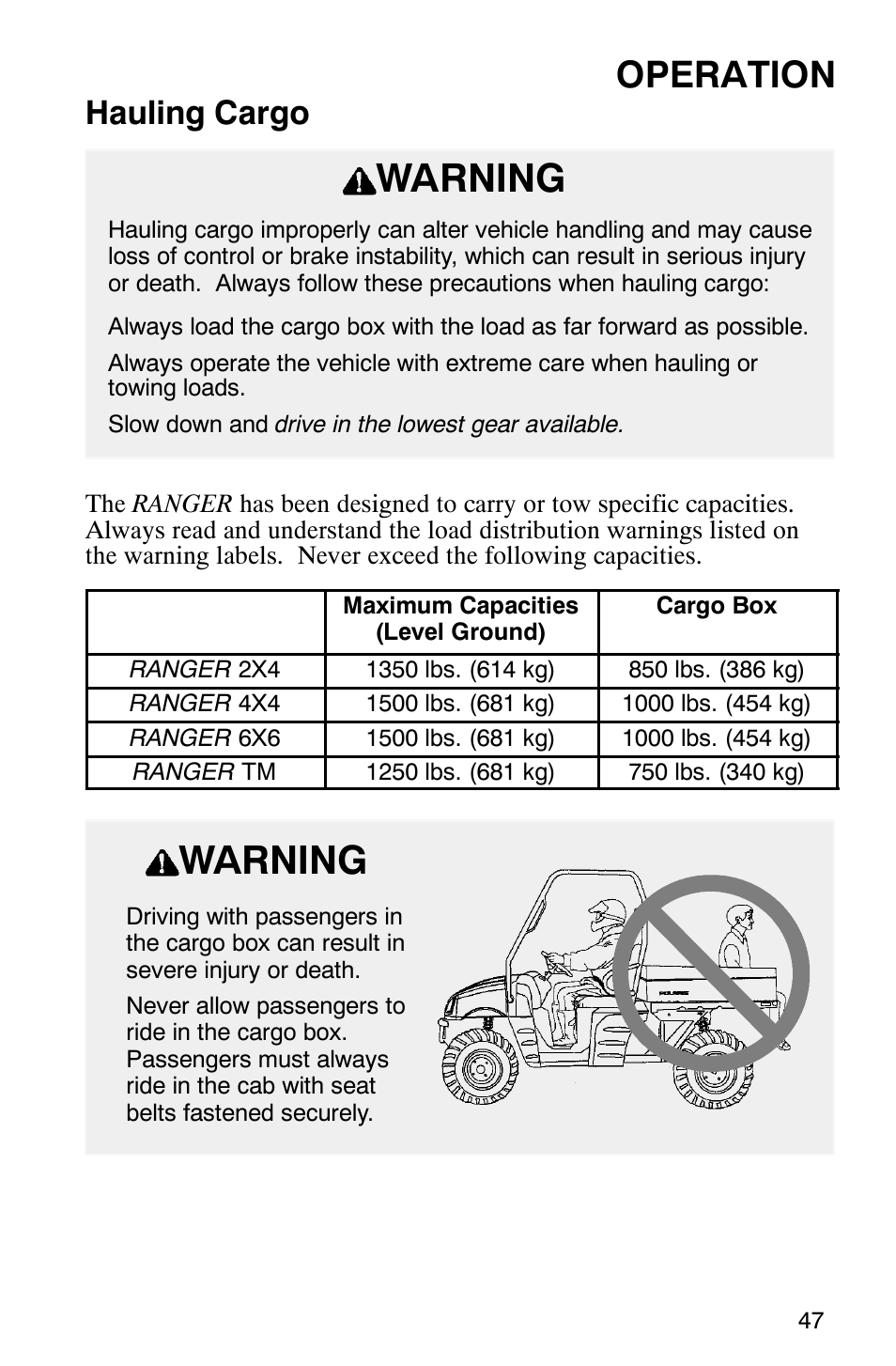 Warning, Operation, Hauling cargo | Polaris Series 11 Polaris Ranger 4x4 User Manual | Page 49 / 118