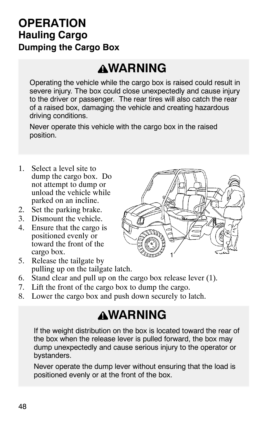 Warning, Operation, Hauling cargo | Polaris Series 11 Polaris Ranger 4x4 User Manual | Page 50 / 118