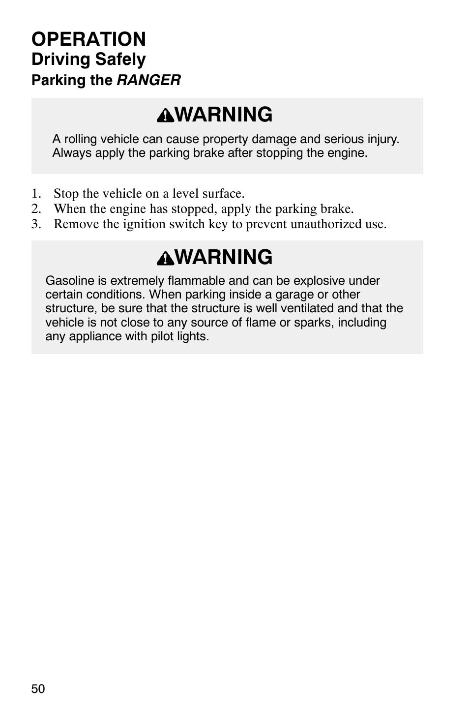 Warning, Operation, Driving safely | Polaris Series 11 Polaris Ranger 4x4 User Manual | Page 52 / 118