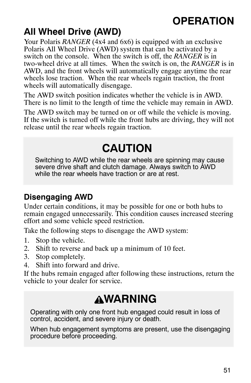 Caution, Warning, Operation | All wheel drive (awd) | Polaris Series 11 Polaris Ranger 4x4 User Manual | Page 53 / 118