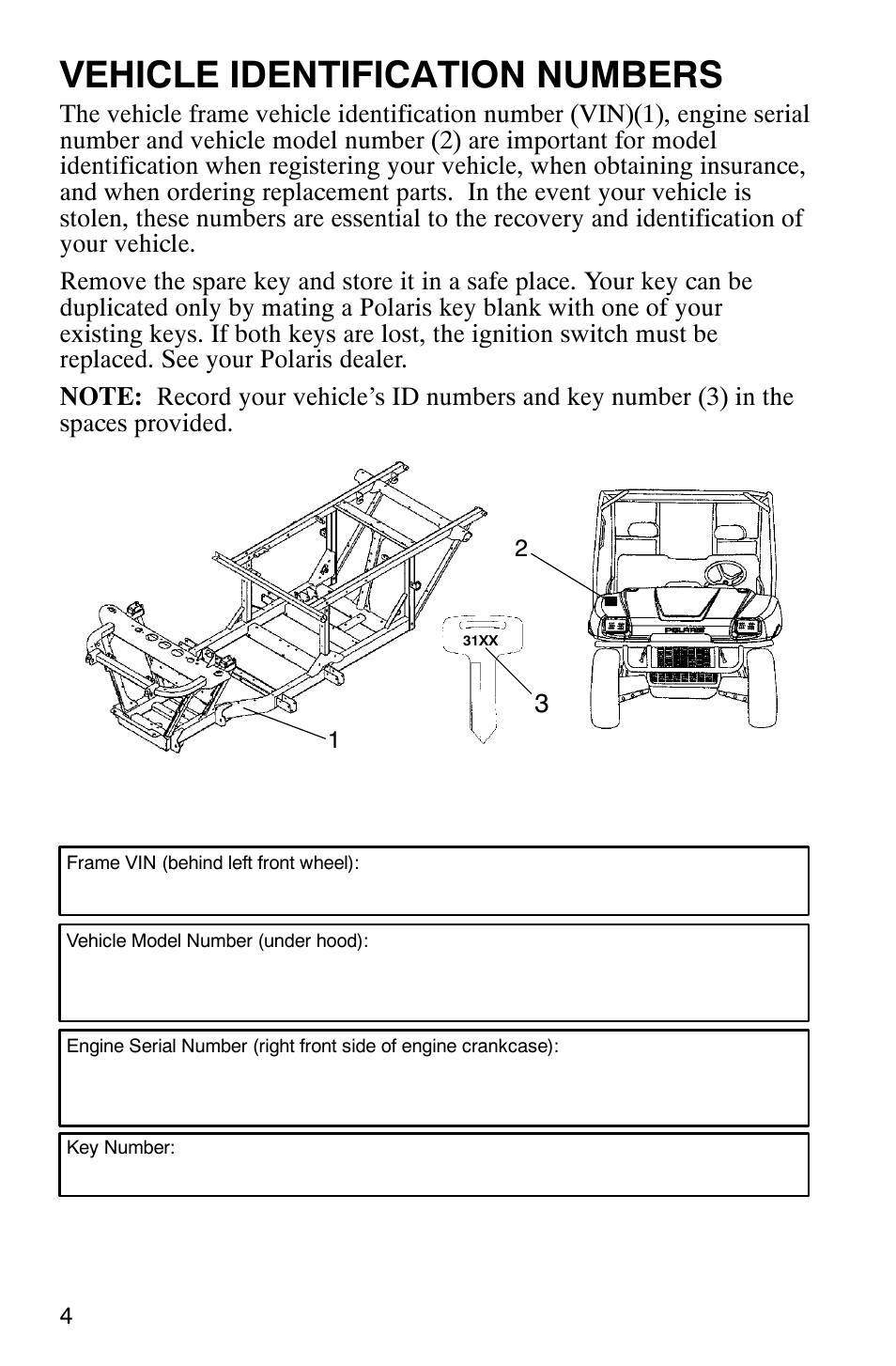 Vehicle identification numbers | Polaris Series 11 Polaris Ranger 4x4 User Manual | Page 6 / 118