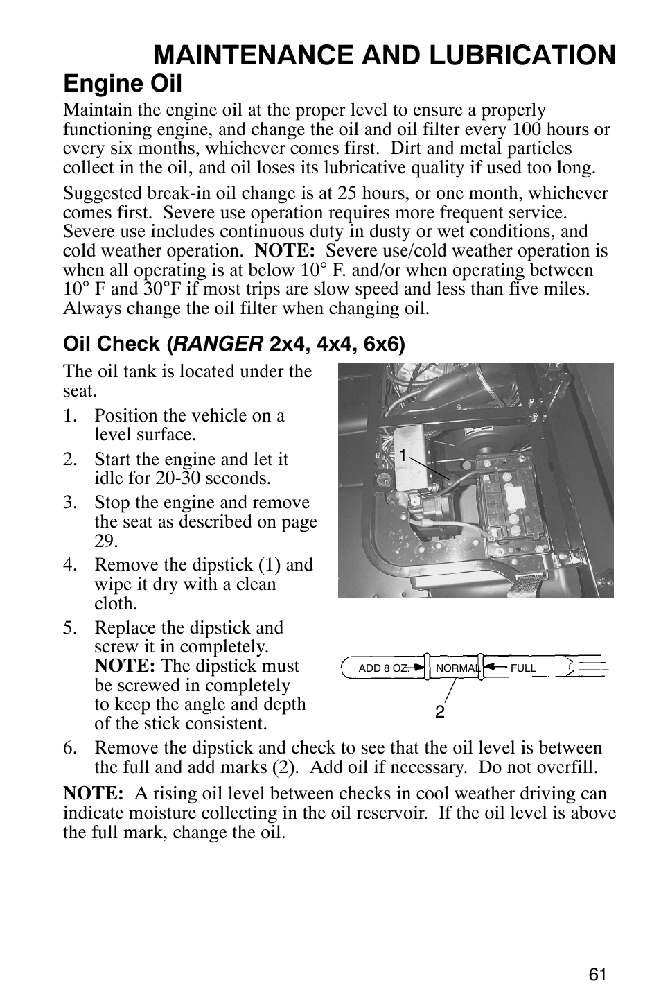 Maintenance and lubrication, Engine oil | Polaris Series 11 Polaris Ranger 4x4 User Manual | Page 63 / 118