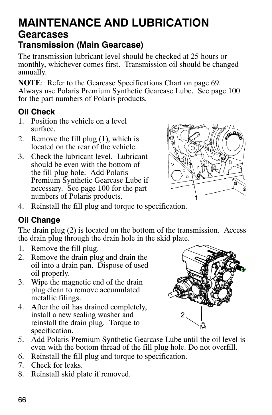 Maintenance and lubrication, Gearcases | Polaris Series 11 Polaris Ranger 4x4 User Manual | Page 68 / 118