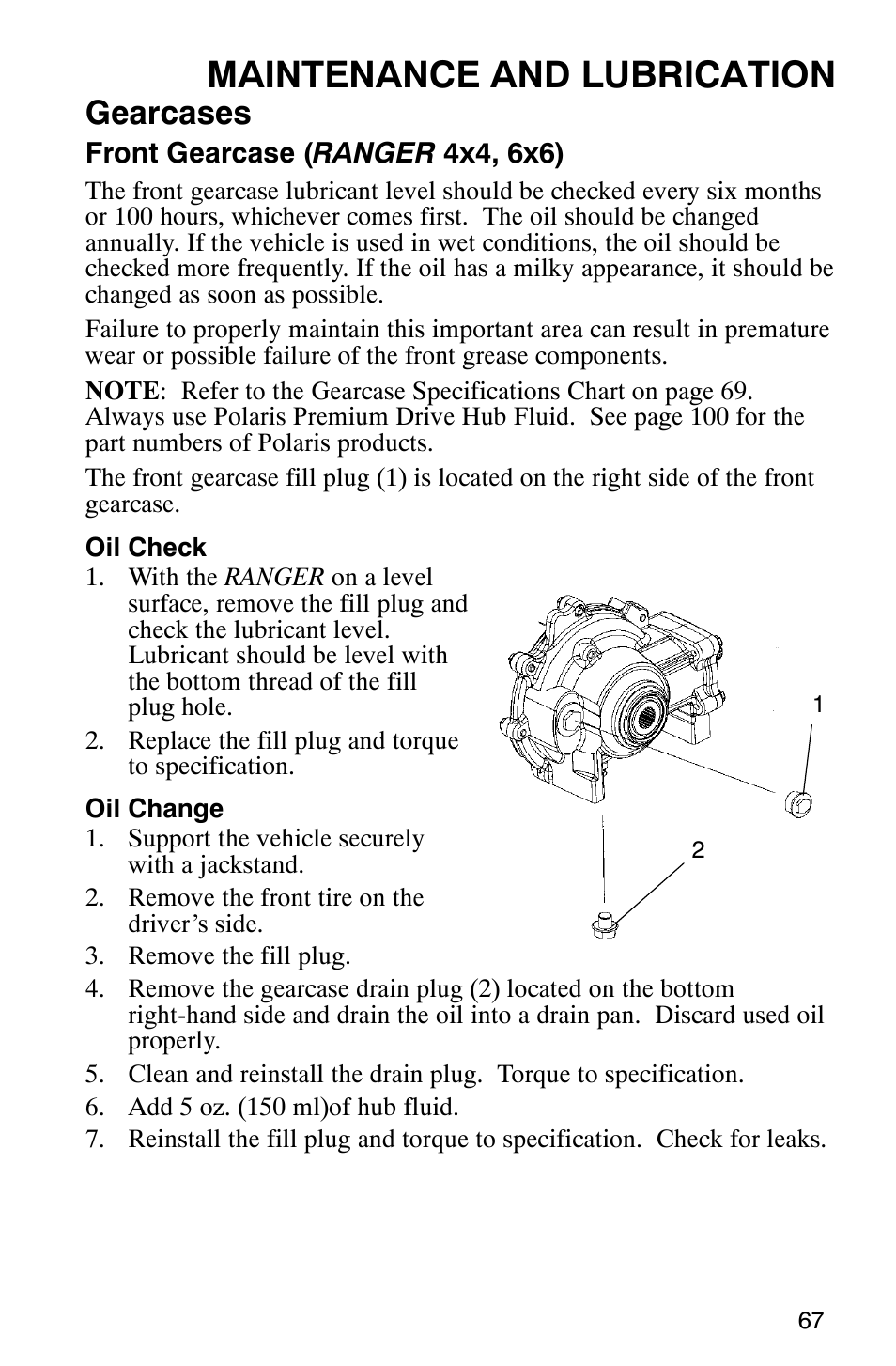 Maintenance and lubrication, Gearcases | Polaris Series 11 Polaris Ranger 4x4 User Manual | Page 69 / 118