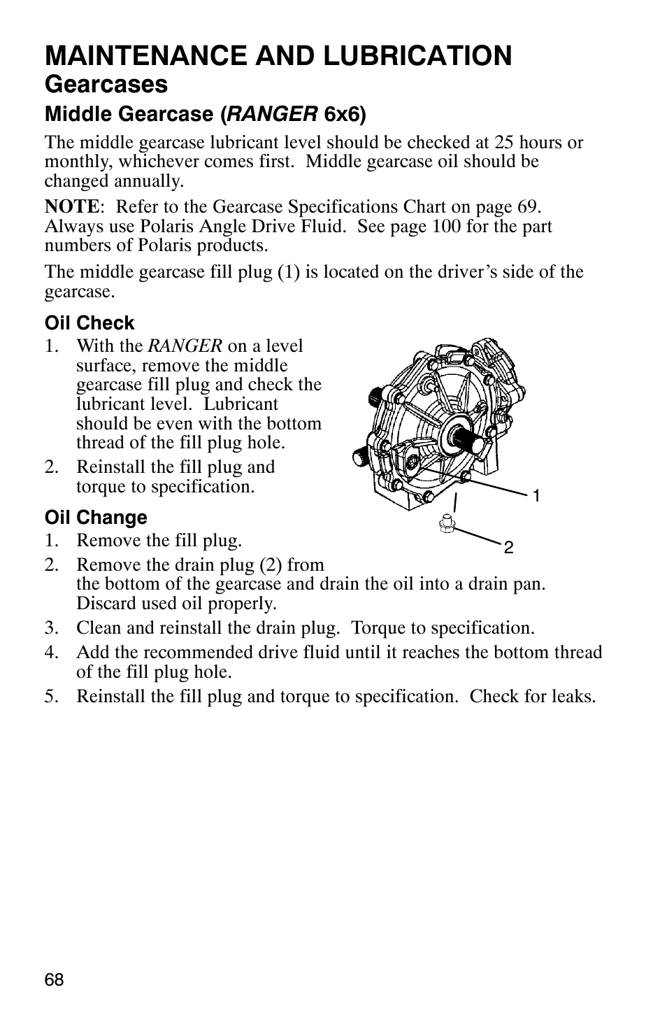 Maintenance and lubrication, Gearcases | Polaris Series 11 Polaris Ranger 4x4 User Manual | Page 70 / 118