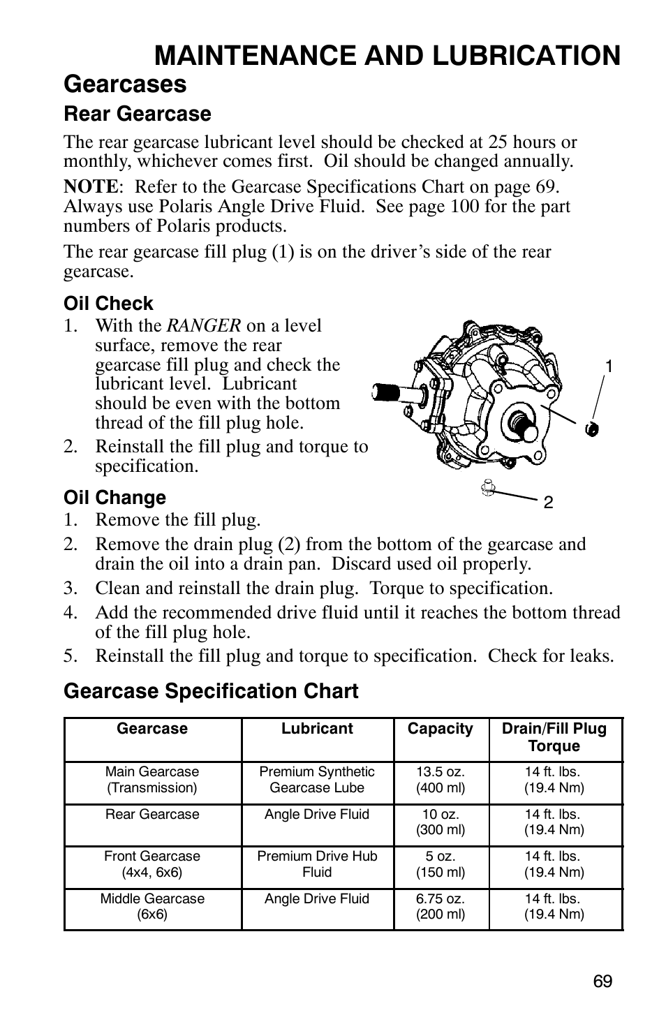 Maintenance and lubrication, Gearcases, Rear gearcase | Gearcase specification chart | Polaris Series 11 Polaris Ranger 4x4 User Manual | Page 71 / 118