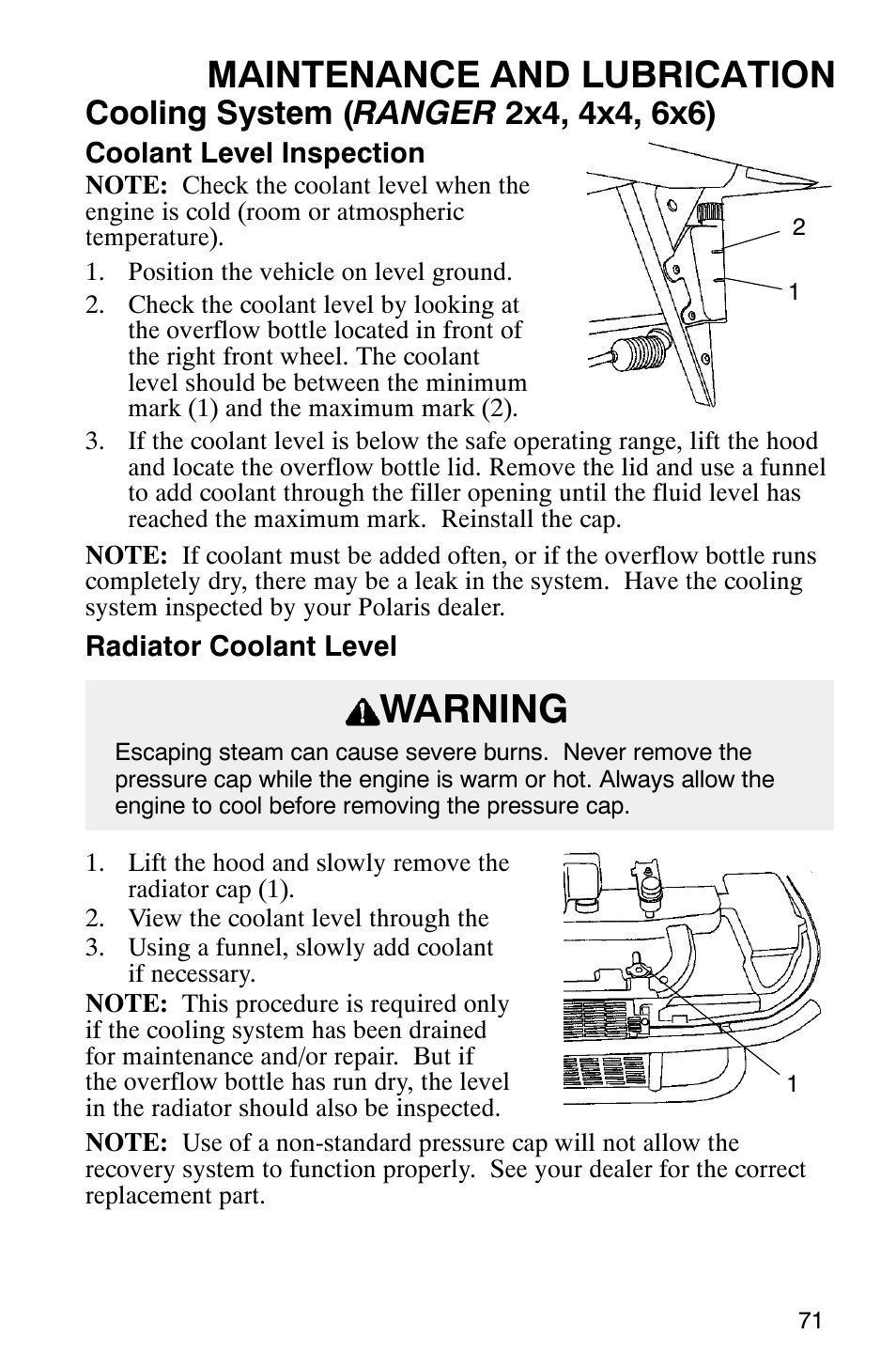 Warning, Maintenance and lubrication | Polaris Series 11 Polaris Ranger 4x4 User Manual | Page 73 / 118
