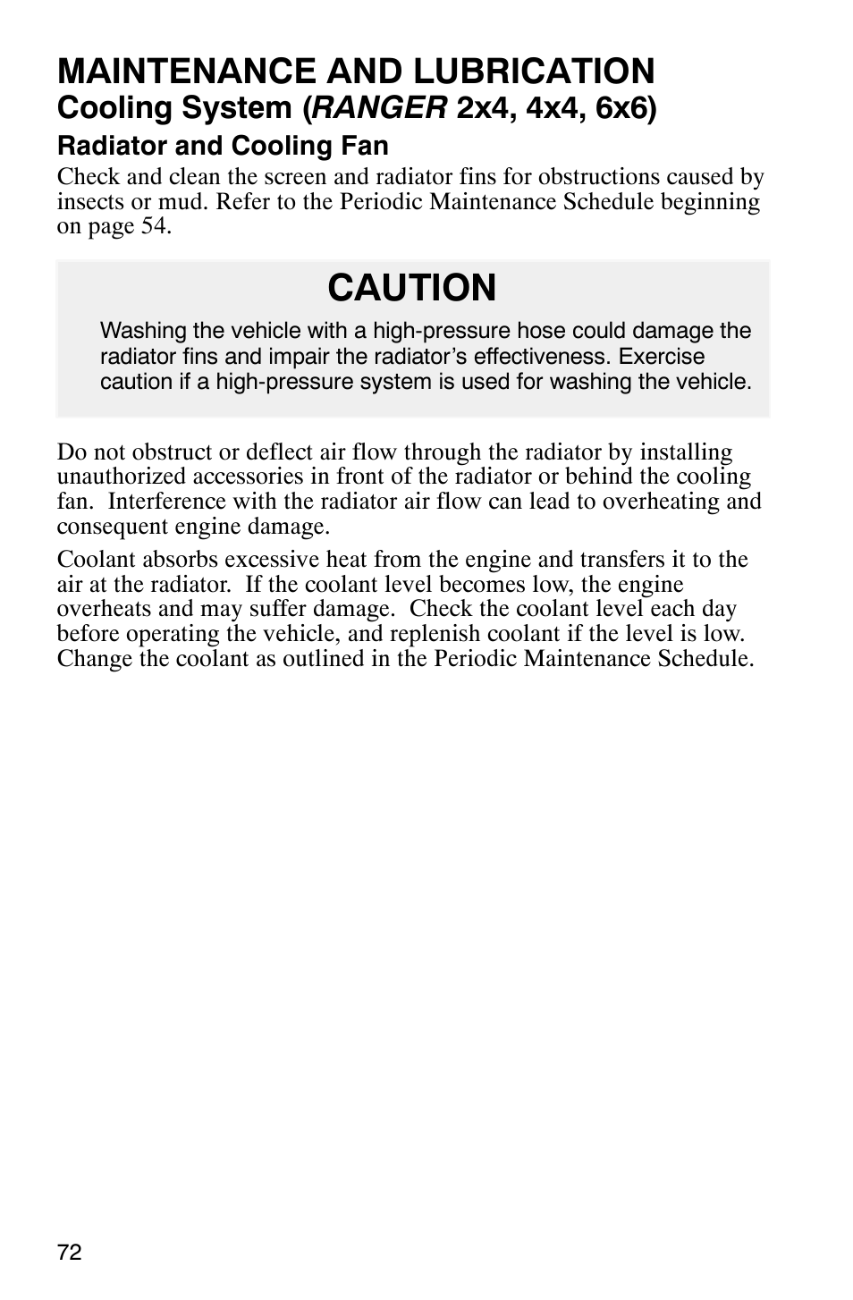 Caution, Maintenance and lubrication | Polaris Series 11 Polaris Ranger 4x4 User Manual | Page 74 / 118