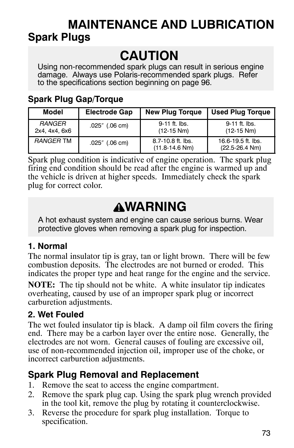 Caution warning, Maintenance and lubrication, Spark plugs | Spark plug removal and replacement | Polaris Series 11 Polaris Ranger 4x4 User Manual | Page 75 / 118