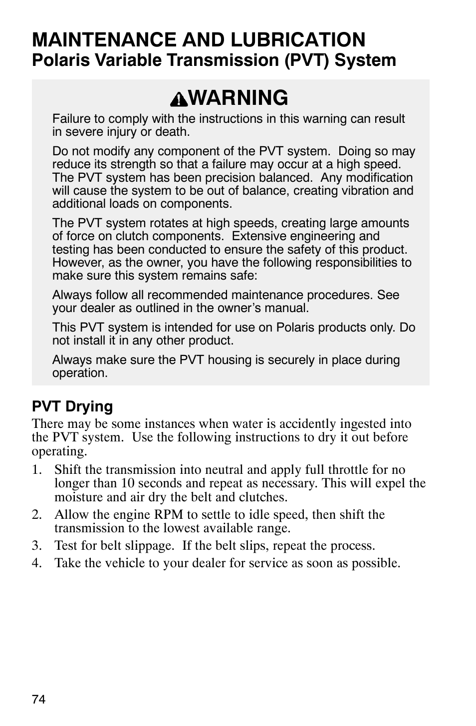 Warning, Maintenance and lubrication, Polaris variable transmission (pvt) system | Polaris Series 11 Polaris Ranger 4x4 User Manual | Page 76 / 118