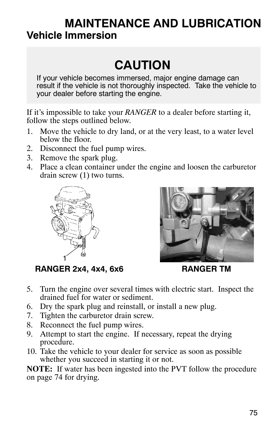 Caution, Maintenance and lubrication, Vehicle immersion | Polaris Series 11 Polaris Ranger 4x4 User Manual | Page 77 / 118