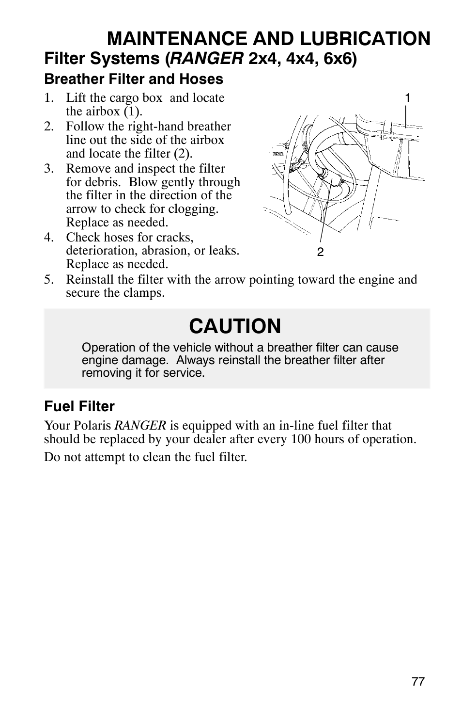 Caution, Maintenance and lubrication | Polaris Series 11 Polaris Ranger 4x4 User Manual | Page 79 / 118