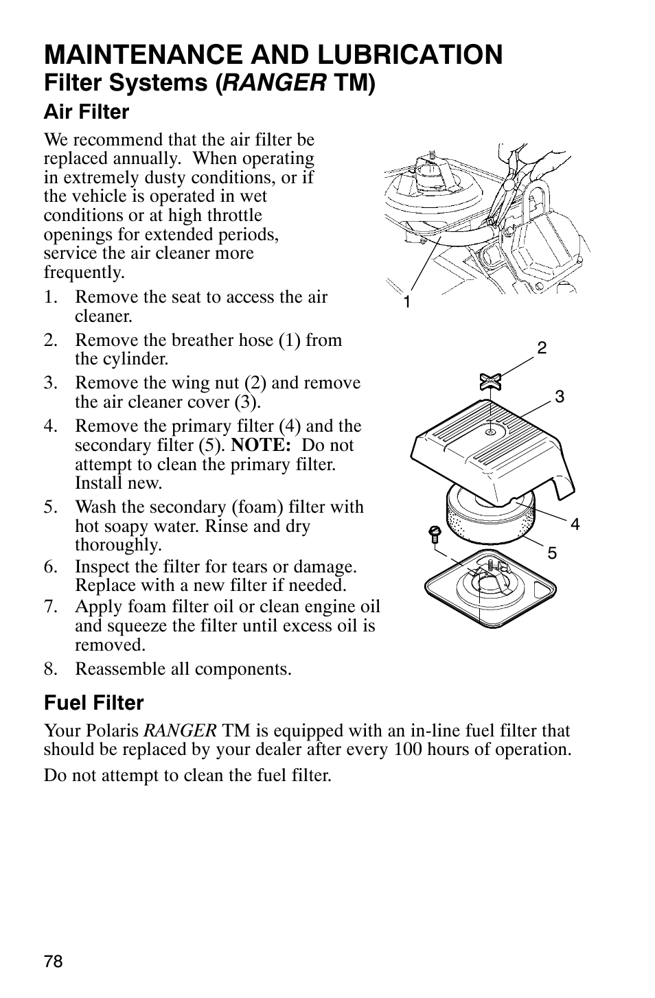 Maintenance and lubrication, Filter systems ( ranger tm) | Polaris Series 11 Polaris Ranger 4x4 User Manual | Page 80 / 118