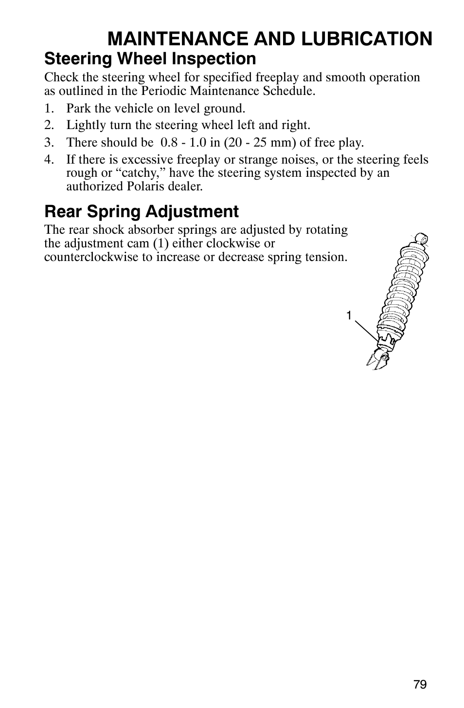 Maintenance and lubrication, Steering wheel inspection, Rear spring adjustment | Polaris Series 11 Polaris Ranger 4x4 User Manual | Page 81 / 118