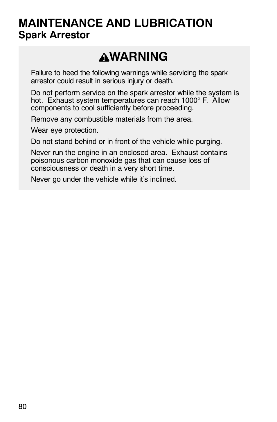 Warning, Maintenance and lubrication, Spark arrestor | Polaris Series 11 Polaris Ranger 4x4 User Manual | Page 82 / 118