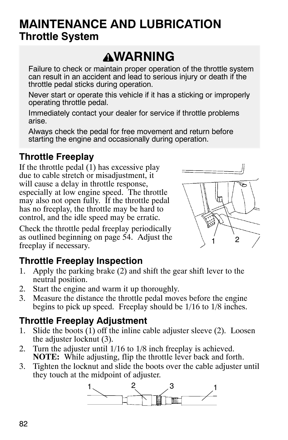 Warning, Maintenance and lubrication, Throttle system | Polaris Series 11 Polaris Ranger 4x4 User Manual | Page 84 / 118