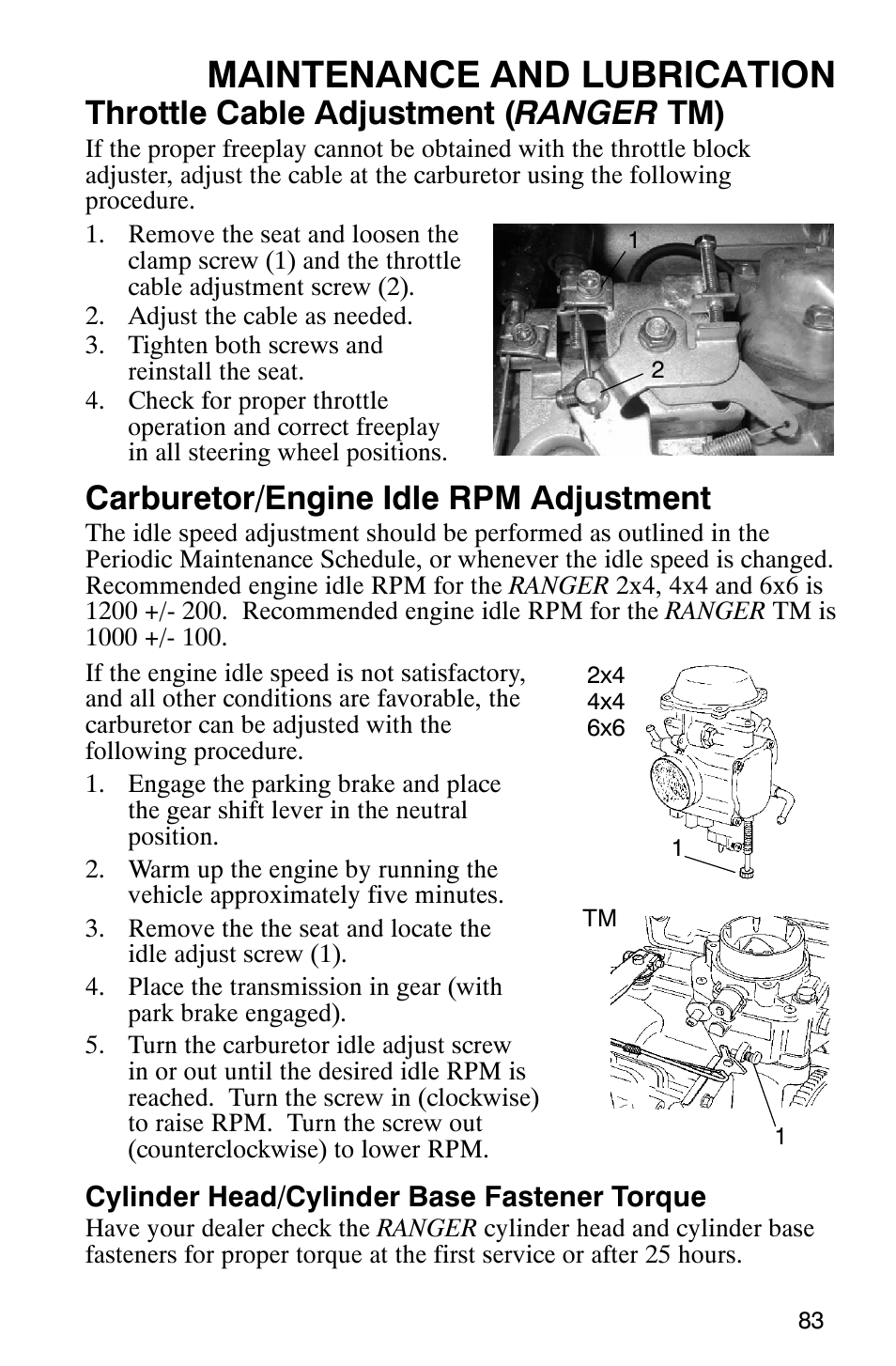 Maintenance and lubrication, Throttle cable adjustment ( ranger tm), Carburetor/engine idle rpm adjustment | Polaris Series 11 Polaris Ranger 4x4 User Manual | Page 85 / 118