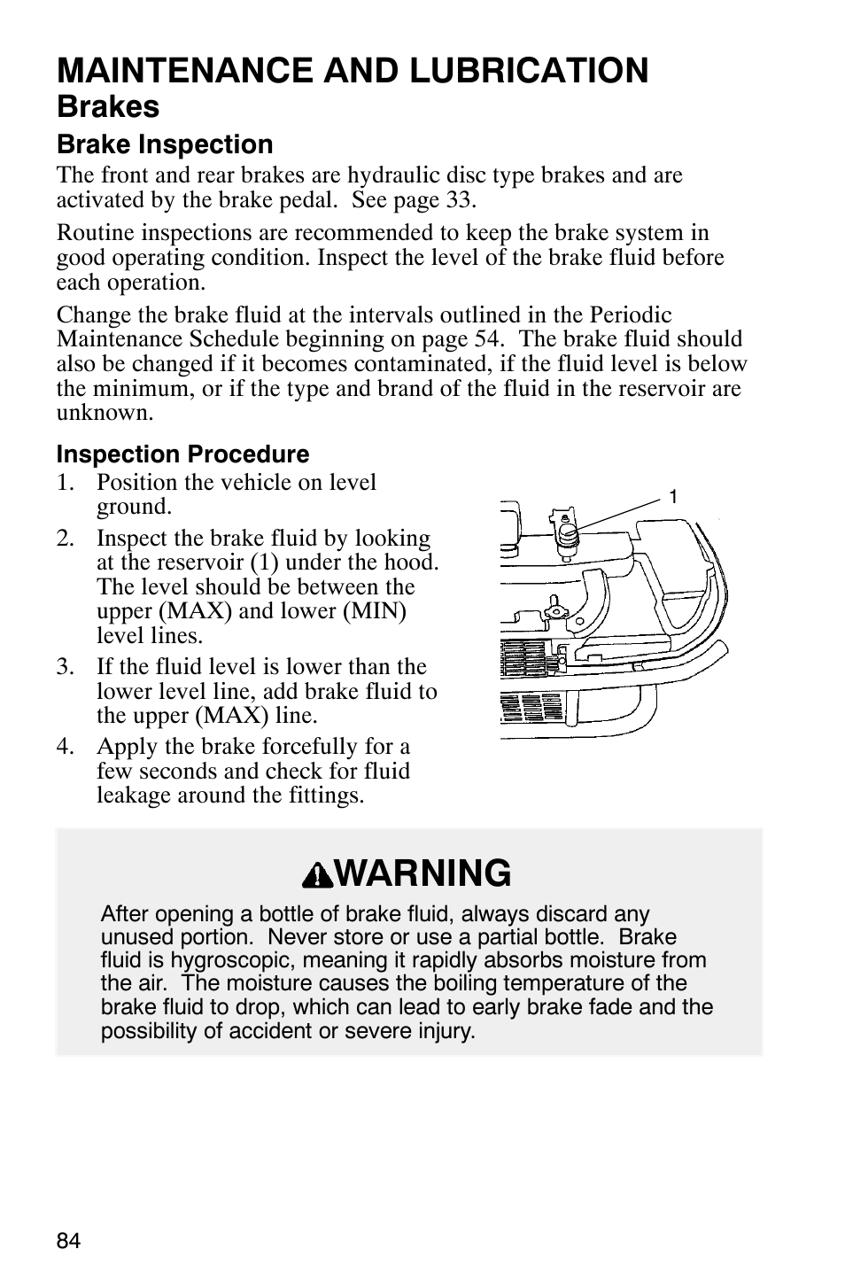 Warning, Maintenance and lubrication, Brakes | Polaris Series 11 Polaris Ranger 4x4 User Manual | Page 86 / 118