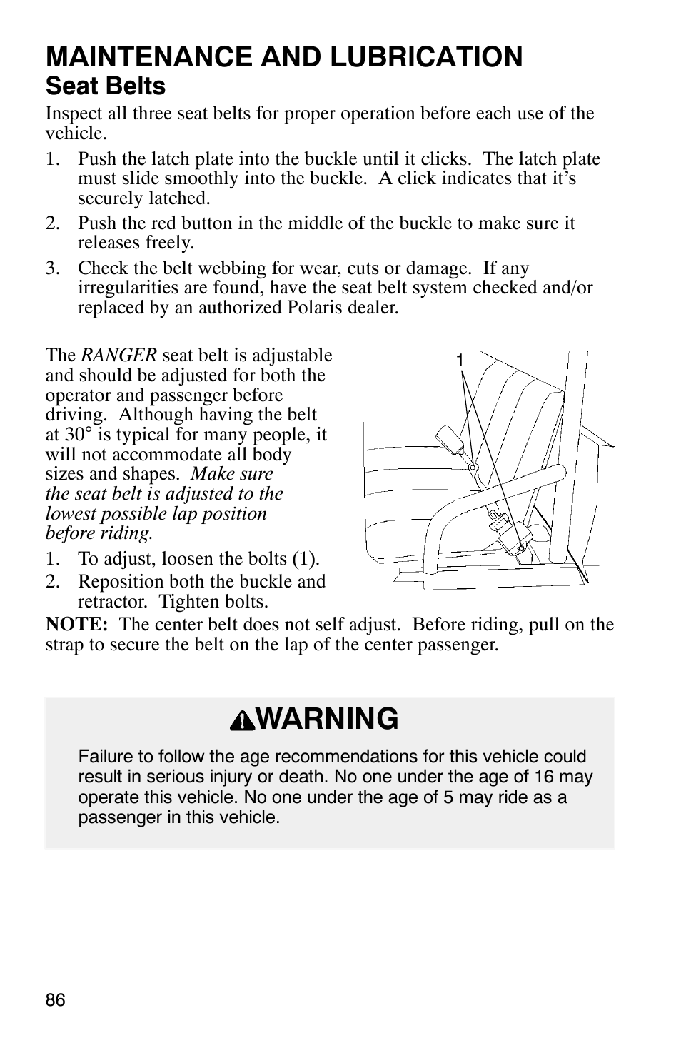 Warning, Maintenance and lubrication, Seat belts | Polaris Series 11 Polaris Ranger 4x4 User Manual | Page 88 / 118