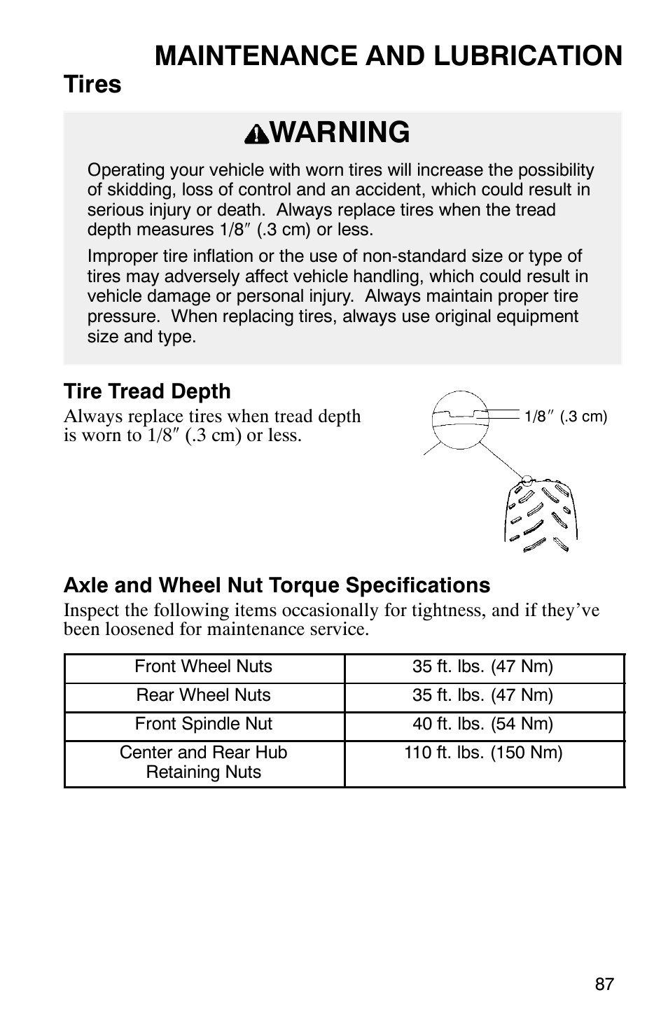 Warning, Maintenance and lubrication, Tires | Polaris Series 11 Polaris Ranger 4x4 User Manual | Page 89 / 118