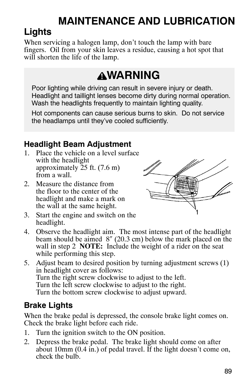 Warning, Maintenance and lubrication, Lights | Polaris Series 11 Polaris Ranger 4x4 User Manual | Page 91 / 118