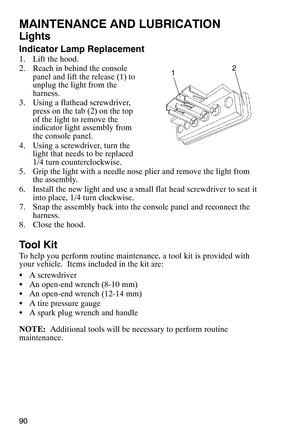 Maintenance and lubrication, Lights, Tool kit | Polaris Series 11 Polaris Ranger 4x4 User Manual | Page 92 / 118