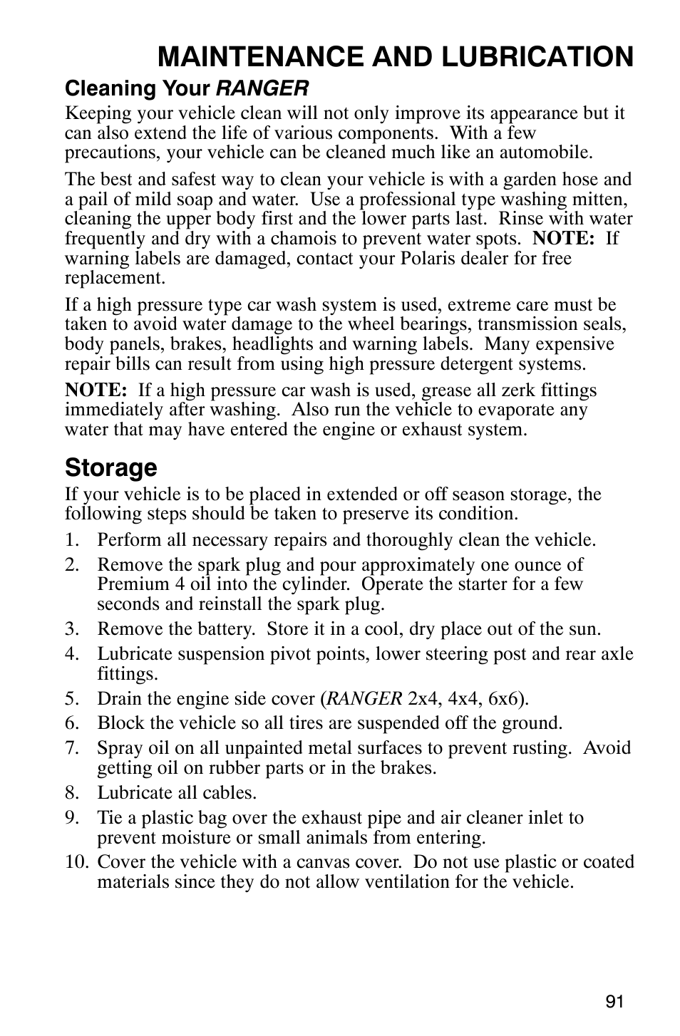Maintenance and lubrication, Storage | Polaris Series 11 Polaris Ranger 4x4 User Manual | Page 93 / 118