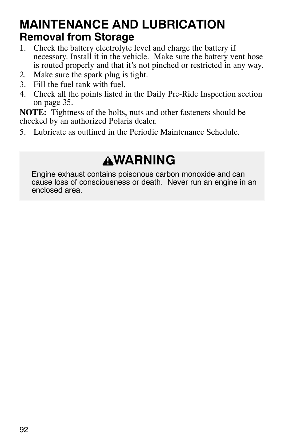 Warning, Maintenance and lubrication, Removal from storage | Polaris Series 11 Polaris Ranger 4x4 User Manual | Page 94 / 118