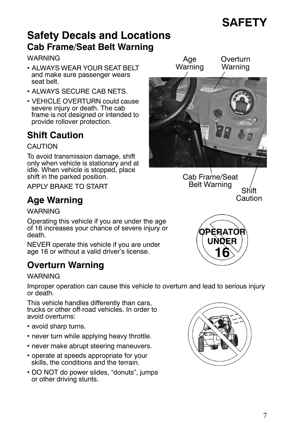 Safety, Safety decals and locations, Cab frame/seat belt warning | Shift caution, Age warning, Overturn warning | Polaris 2008 Ranger RZR User Manual | Page 10 / 146