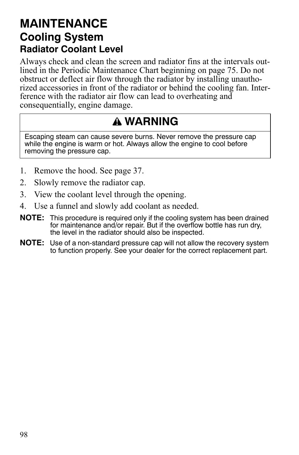 Maintenance, Cooling system, Warning | Radiator coolant level | Polaris 2008 Ranger RZR User Manual | Page 101 / 146