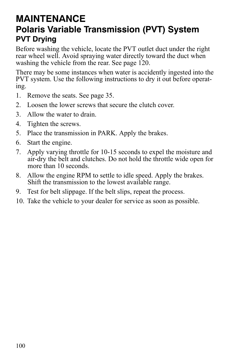 Maintenance, Polaris variable transmission (pvt) system | Polaris 2008 Ranger RZR User Manual | Page 103 / 146