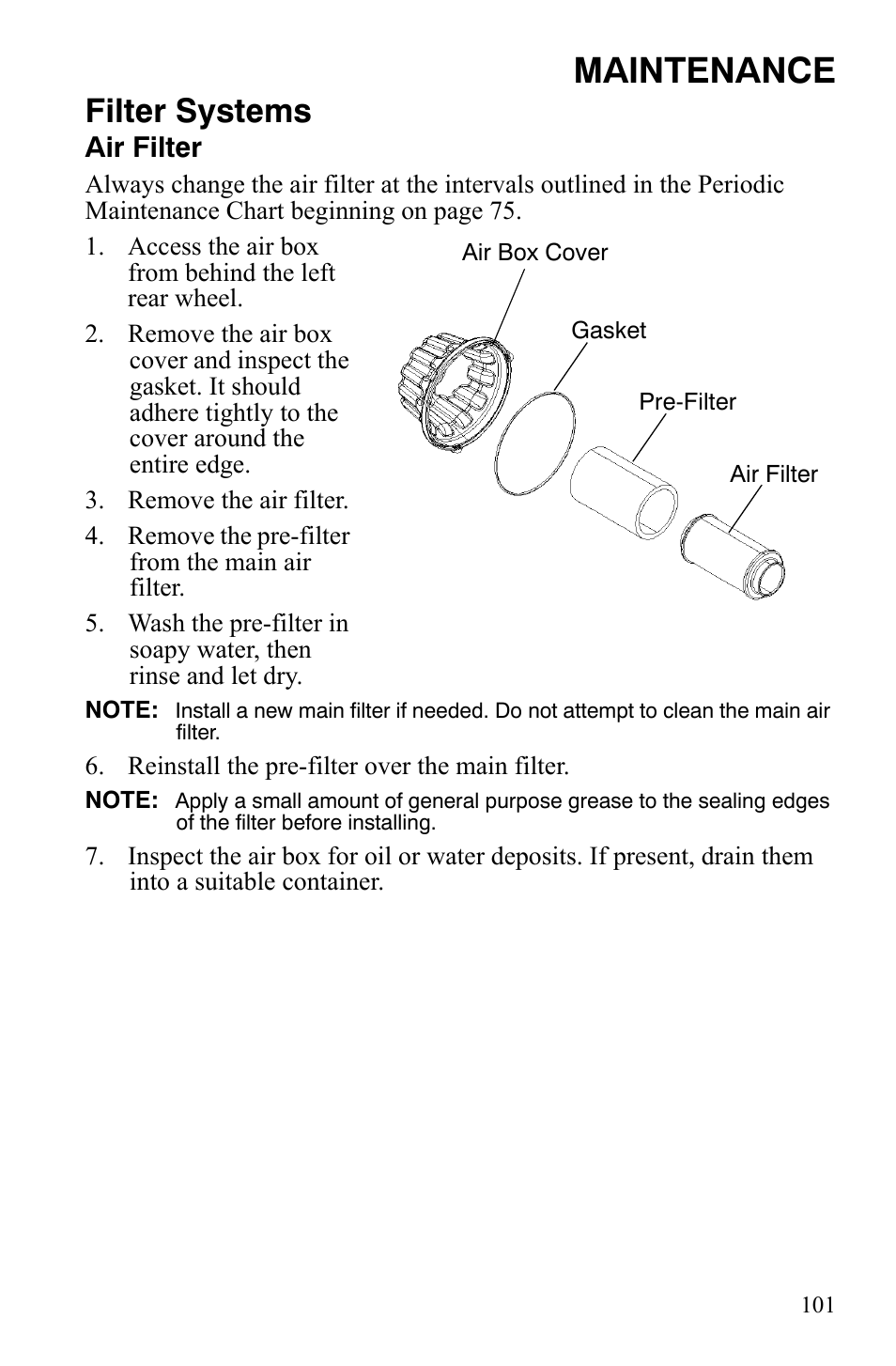 Maintenance, Filter systems | Polaris 2008 Ranger RZR User Manual | Page 104 / 146